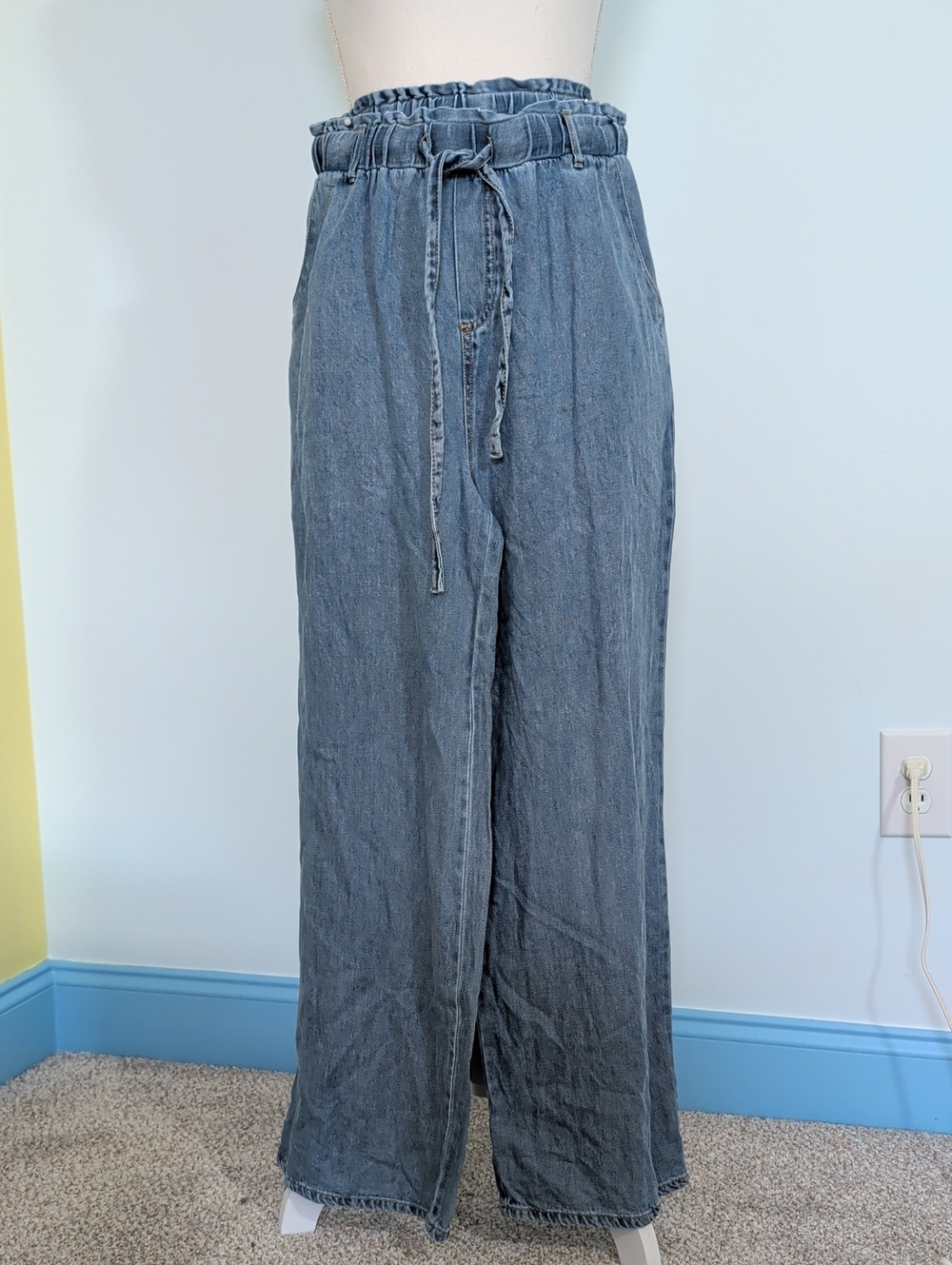 Velvet Heart Light Blue Denim Paperbag Waist Wide Leg Drawstring Pants Boho L